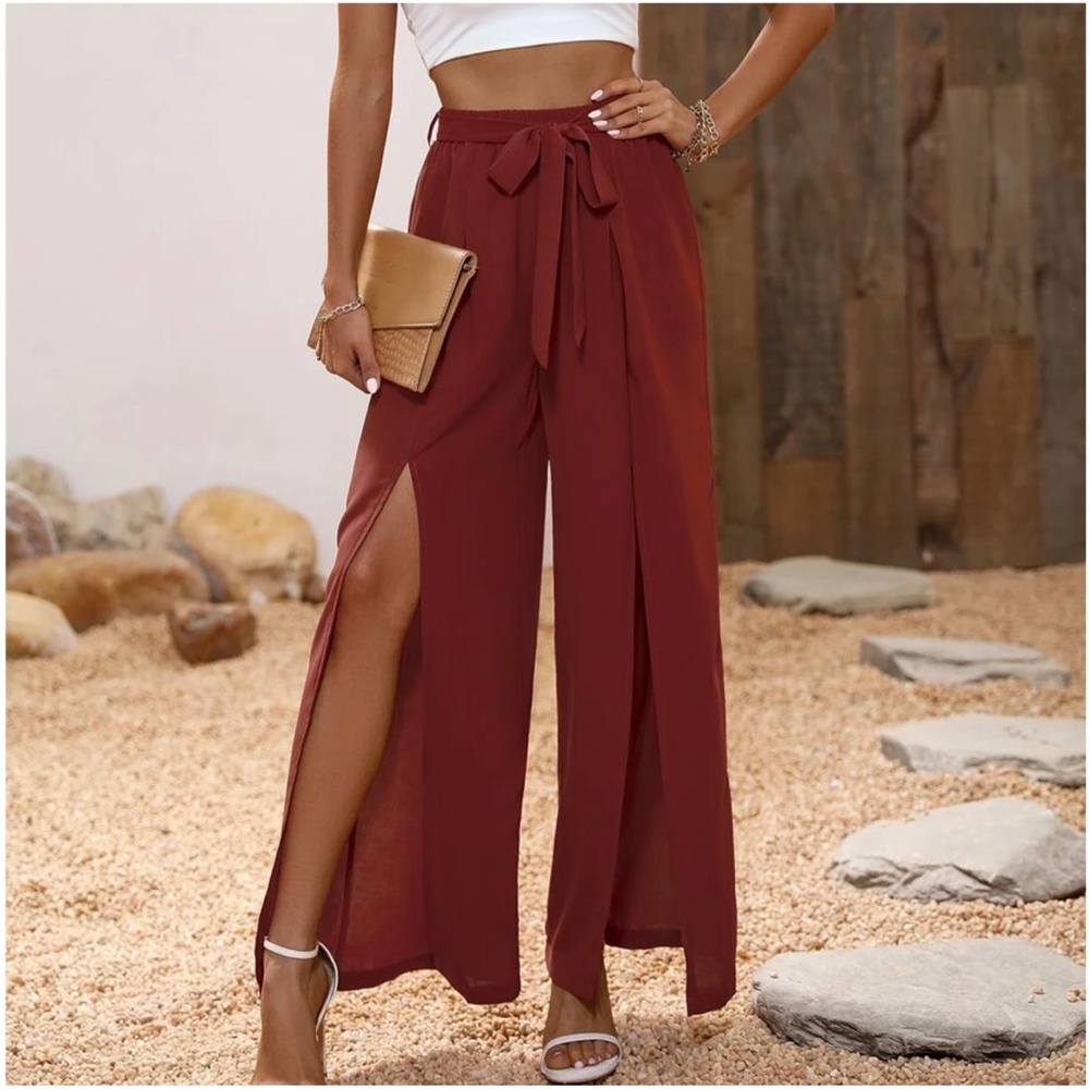 Black Slit Leg Wide leg Chic Pants - Picture 4 of 9